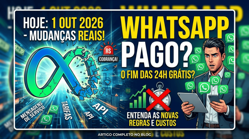 Aqui tens várias opções de Texto Alternativo (Alt Text) otimizadas para SEO e acessibilidade, para que possas escolher ou adaptar conforme a área onde vais publicar a imagem no artigo do teu blog:

1. Opção Recomendada (Equilíbrio Perfeito para SEO e Acessibilidade)
alt="Infográfico explicativo sobre as novas regras e custos do WhatsApp API e o fim das 24 horas grátis da Meta em 1 de outubro"